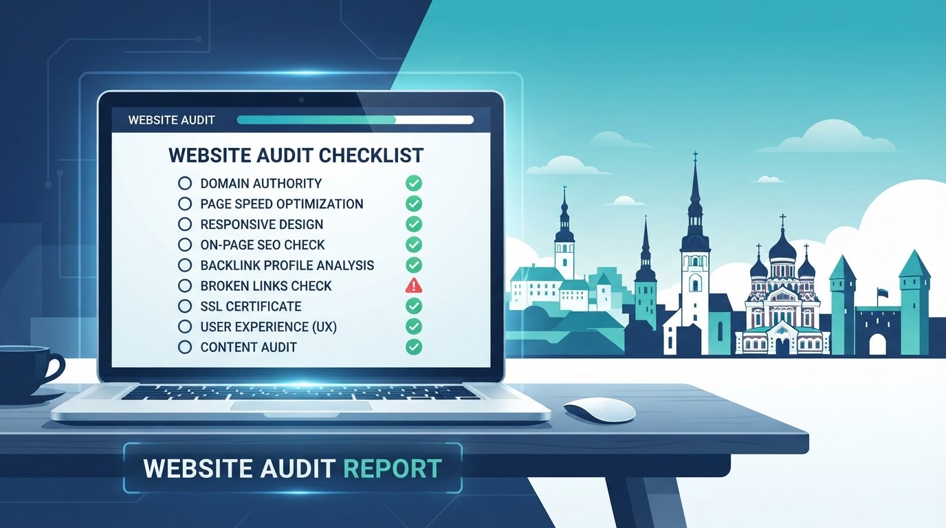 Illustration of a website audit checklist with checkmarks, next to the Tallinn skyline